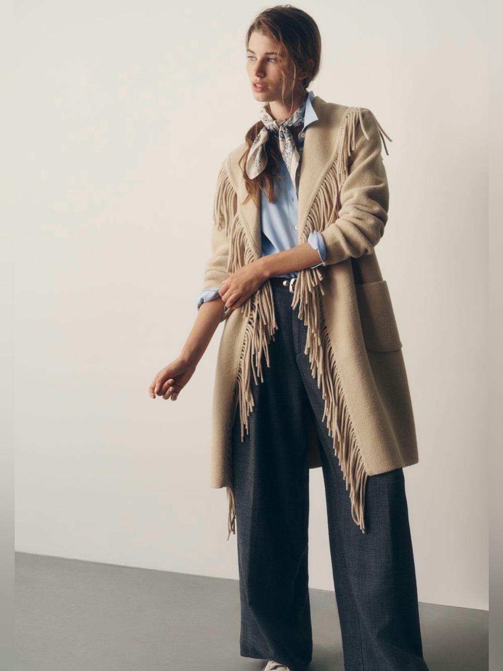 NVLT Anthropologie Beige Fringe-Trim Open-Front Sweater Coat
